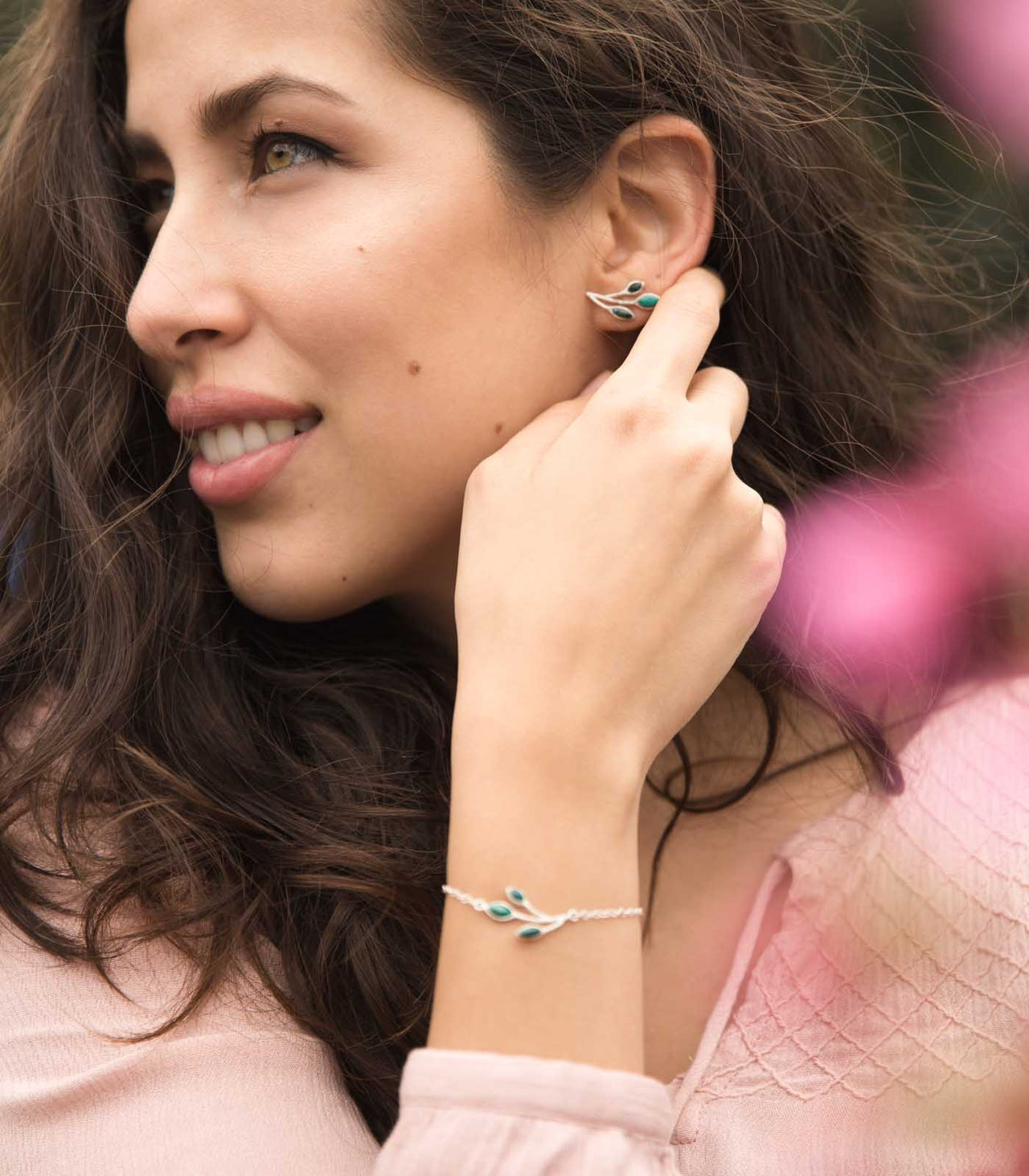 LAURELLA PULSERA Y ARETES EN PLATA 950 Y CRISOCOLA